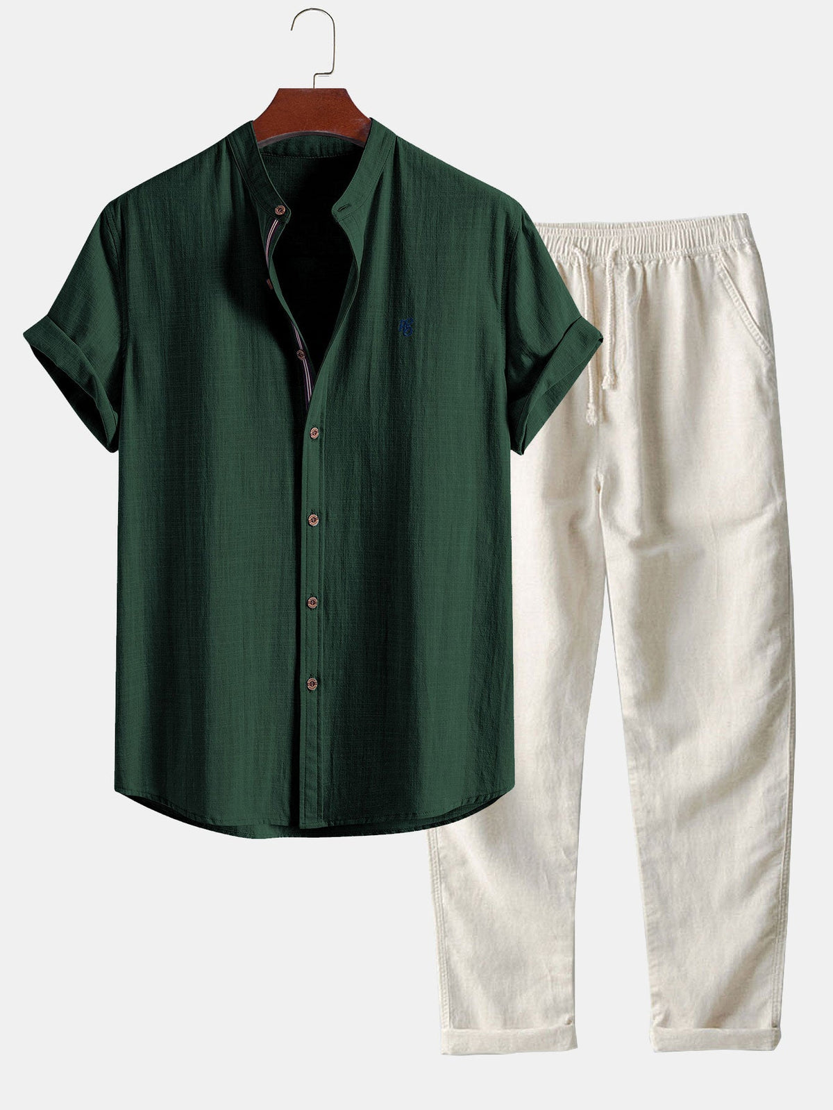 Short Sleeve Linen Look Stand Collar Shirt & Straight Leg Linen Pants