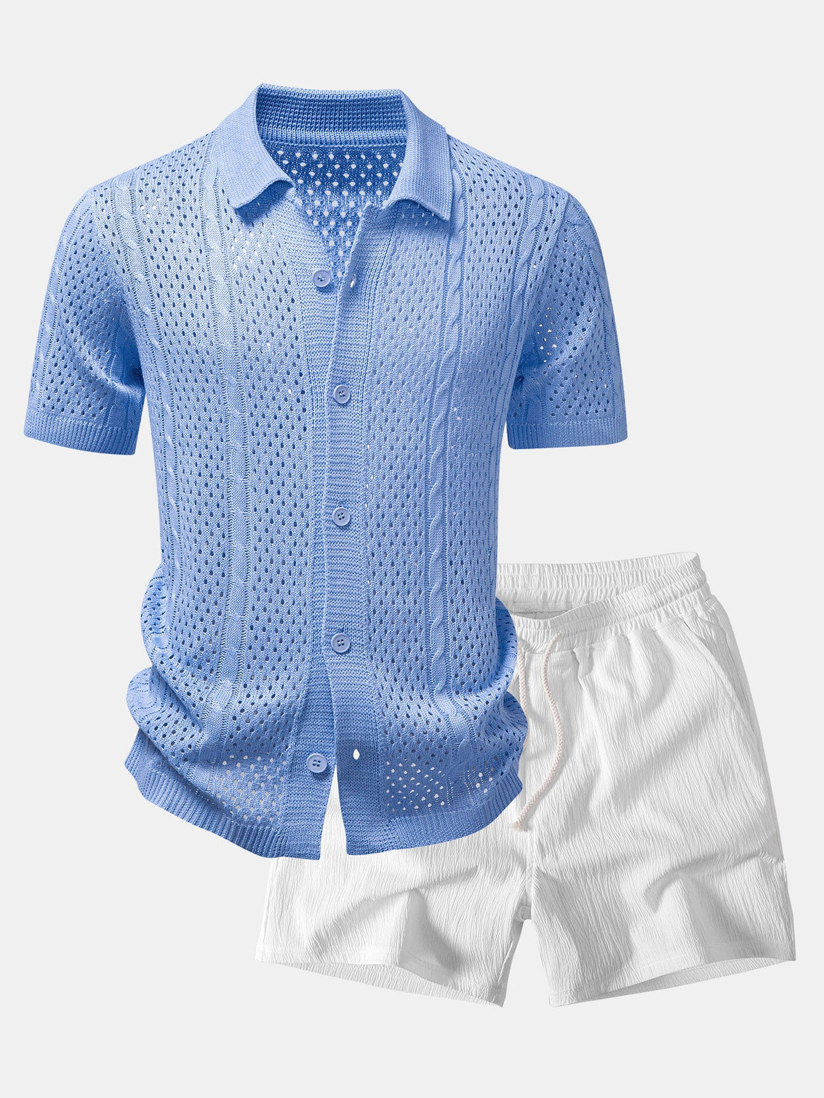 Open Knit Shirt & Crinkle Textured Drawstring 5" Shorts