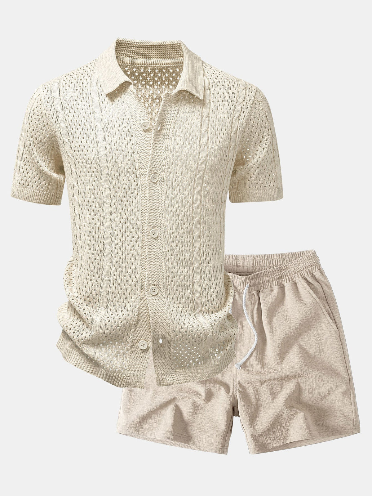 Open Knit Shirt & Crinkle Textured Drawstring 5" Shorts