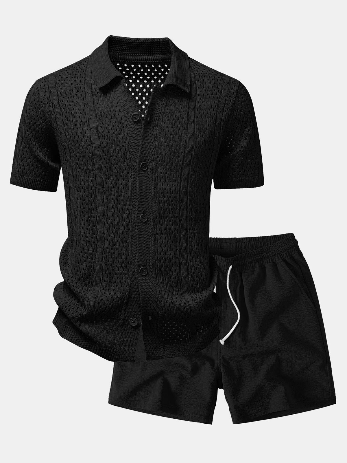 Open Knit Shirt & Crinkle Textured Drawstring 5" Shorts