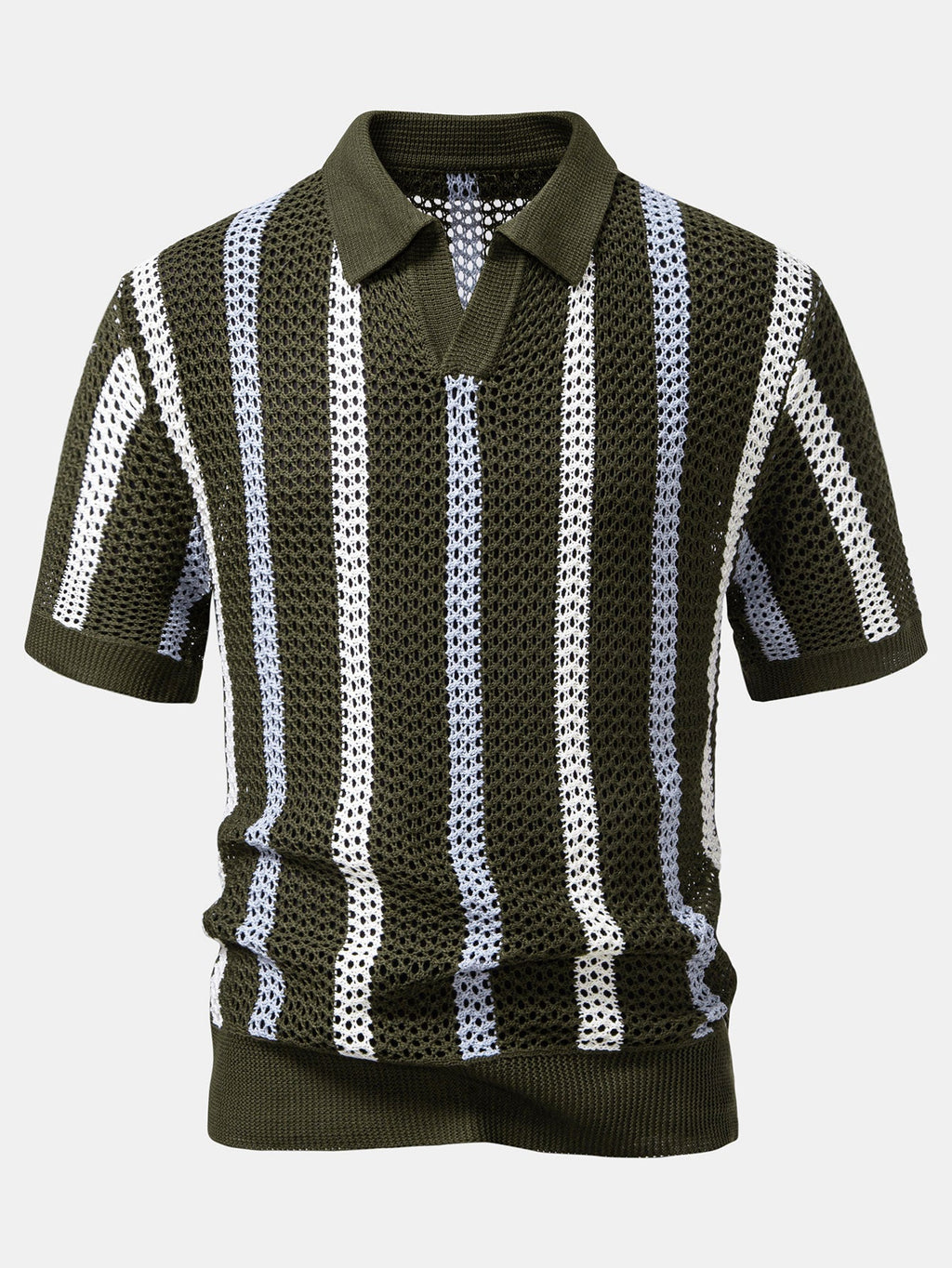 Striped Crochet V Neck Polo & Straight Leg Linen Pants