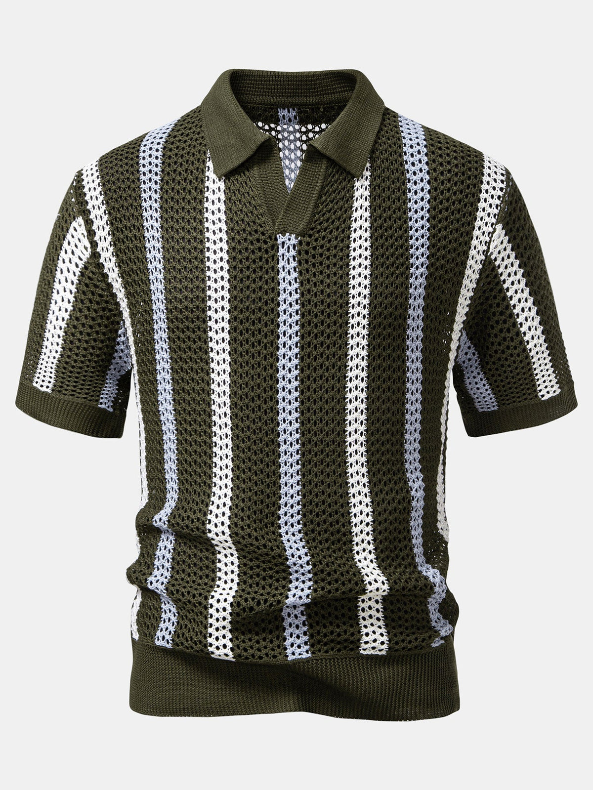 Striped Crochet V Neck Polo