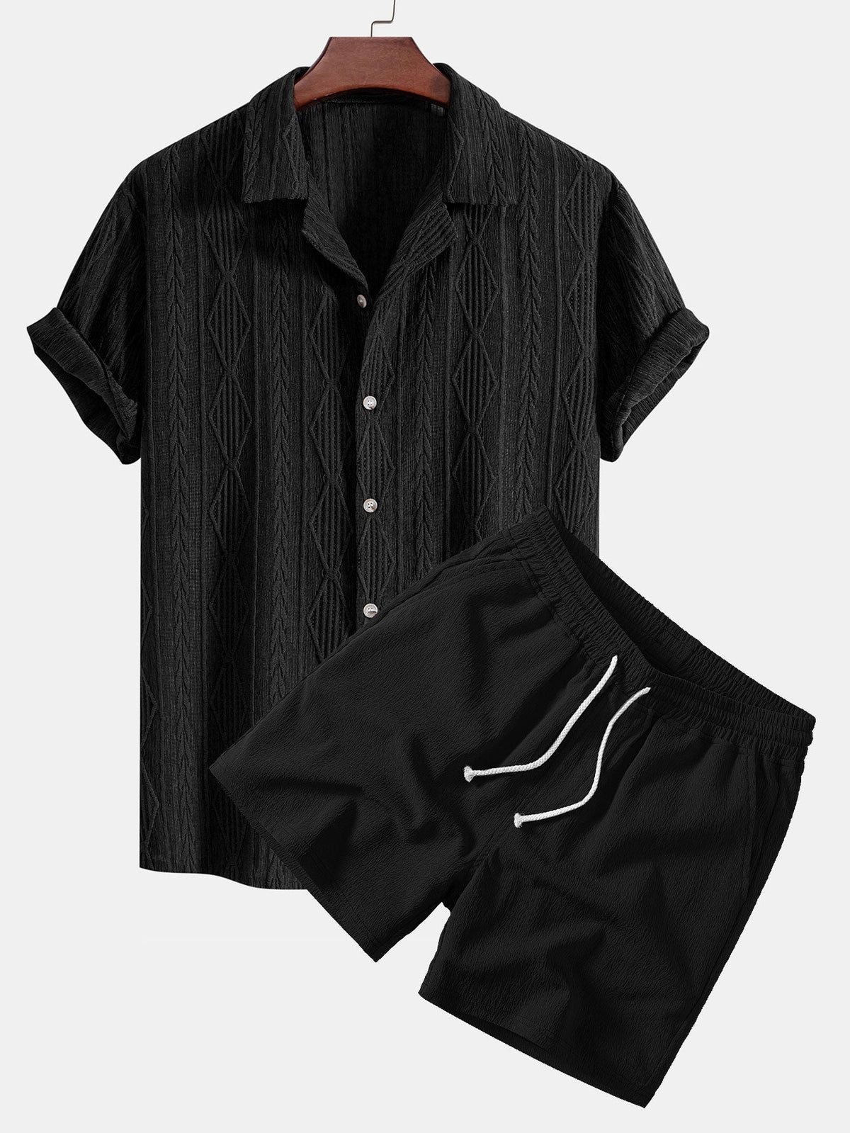 Geometric Jacquard Eyelet Cuban Shirt & Crinkle Textured Drawstring 5" Shorts