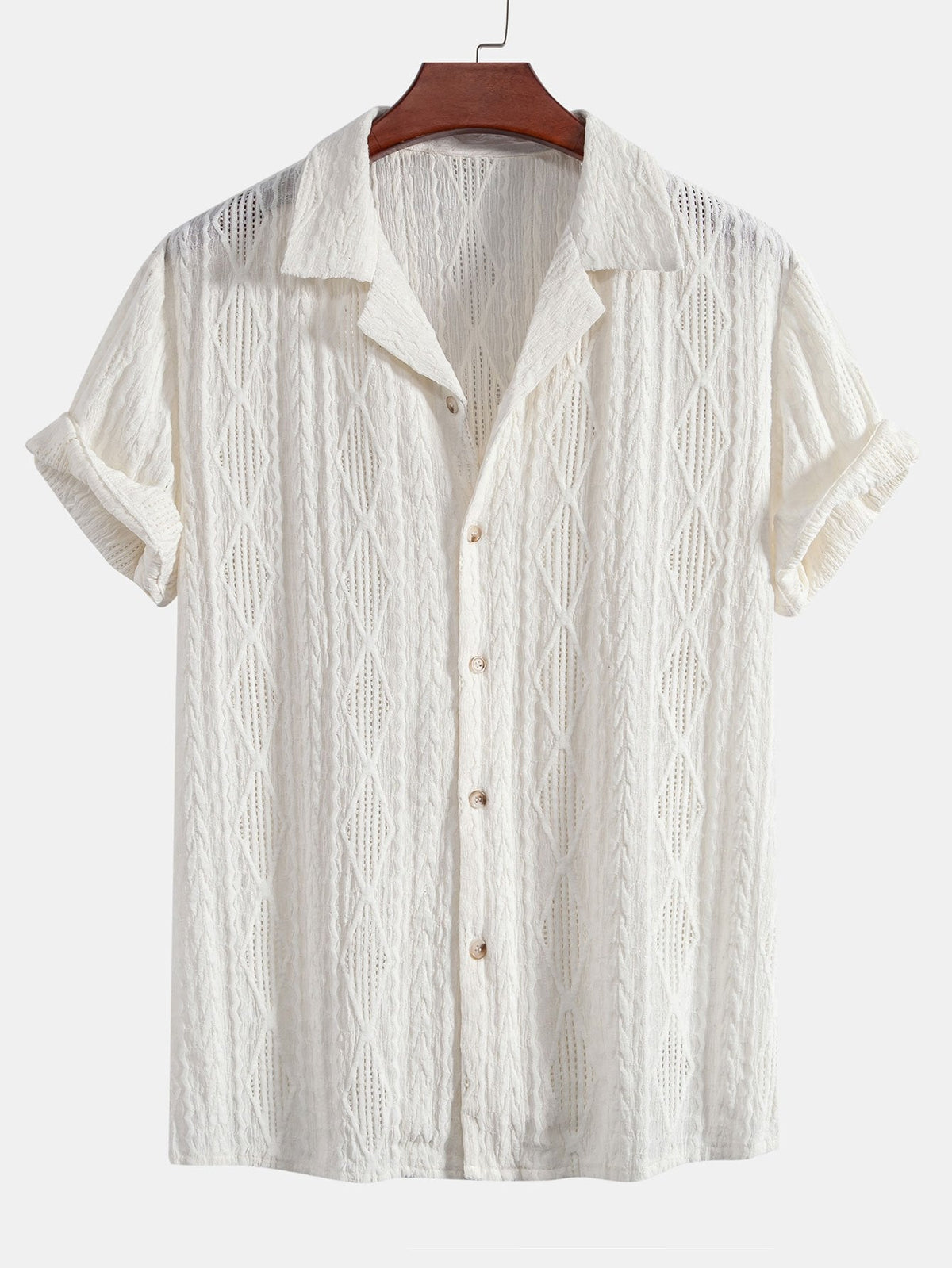 Geometric Jacquard Eyelet Cuban Shirt & Crinkle Textured Drawstring 5" Shorts